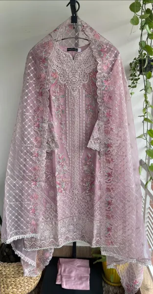 Pakistani Original Sadabahar Luxury Organza Stitched 3 Pcs _ Pink 